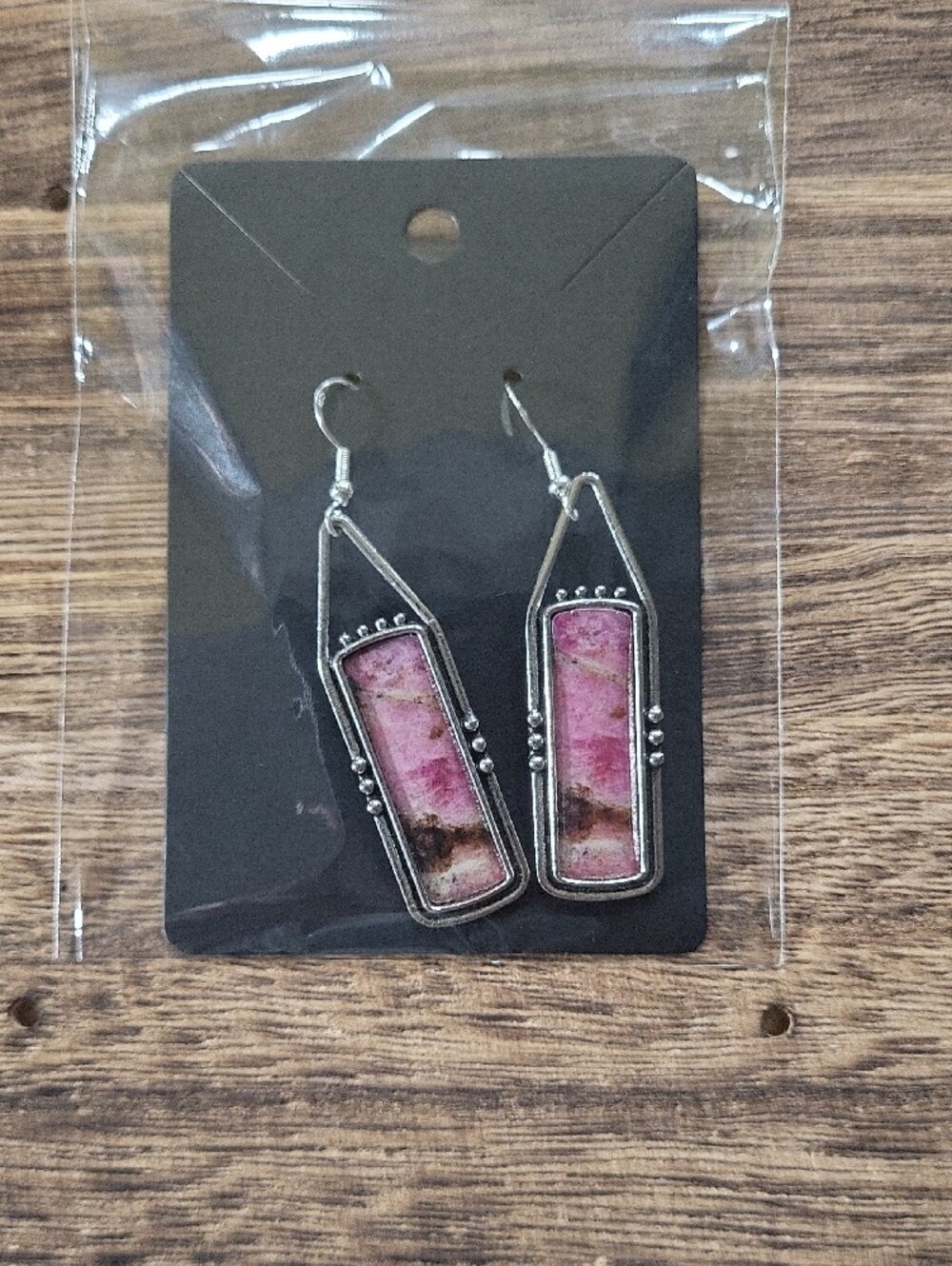 Pink Rhodonite Style Rectangle Drop Earrings- Fashion Jewelry - Picture 7 of 7